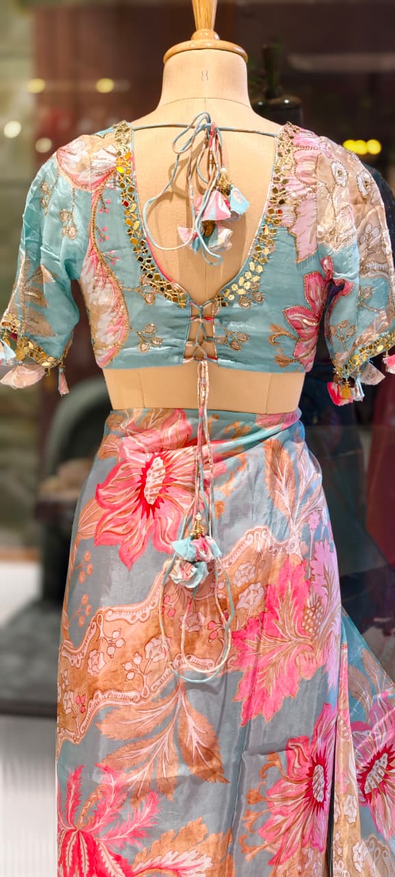 Cut-Dana Highlight Floral Print Sequin Upwork Designer Saree With Stitched Blouse- 13339