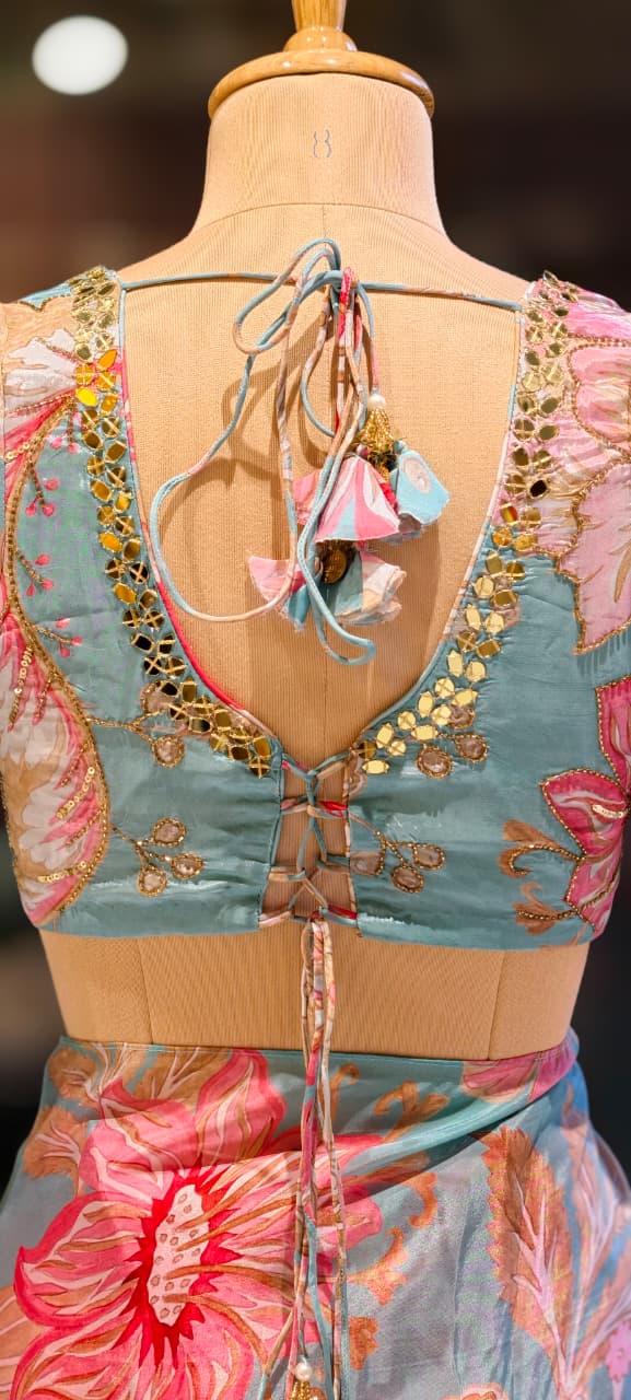 Cut-Dana Highlight Floral Print Sequin Upwork Designer Saree With Stitched Blouse- 13339