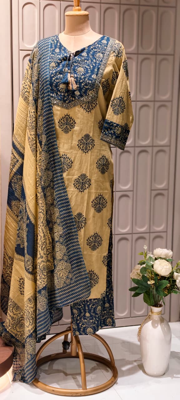Earthy Bloom Printed Ethnic Full Suit Set With Dupatta In Cotton Fabric- 13316