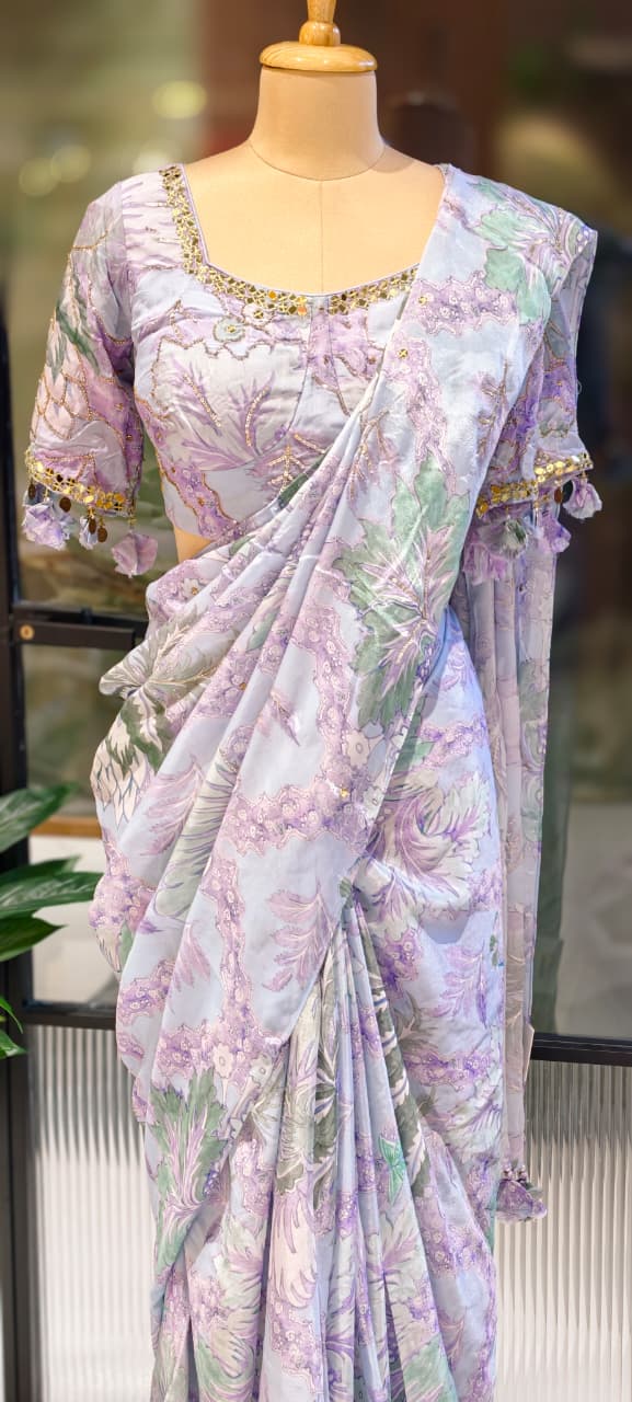 Pastel Floral Print With Delicate Embellishment Designer Saree With Stitched Blouse- 13340