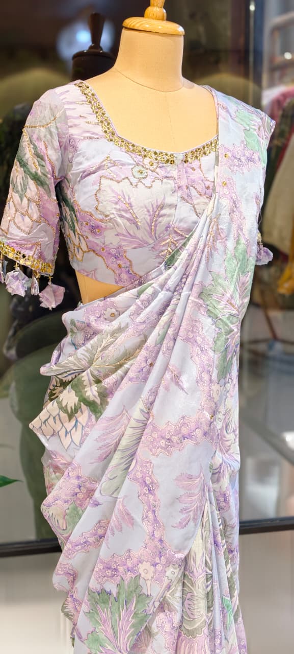 Pastel Floral Print With Delicate Embellishment Designer Saree With Stitched Blouse- 13340