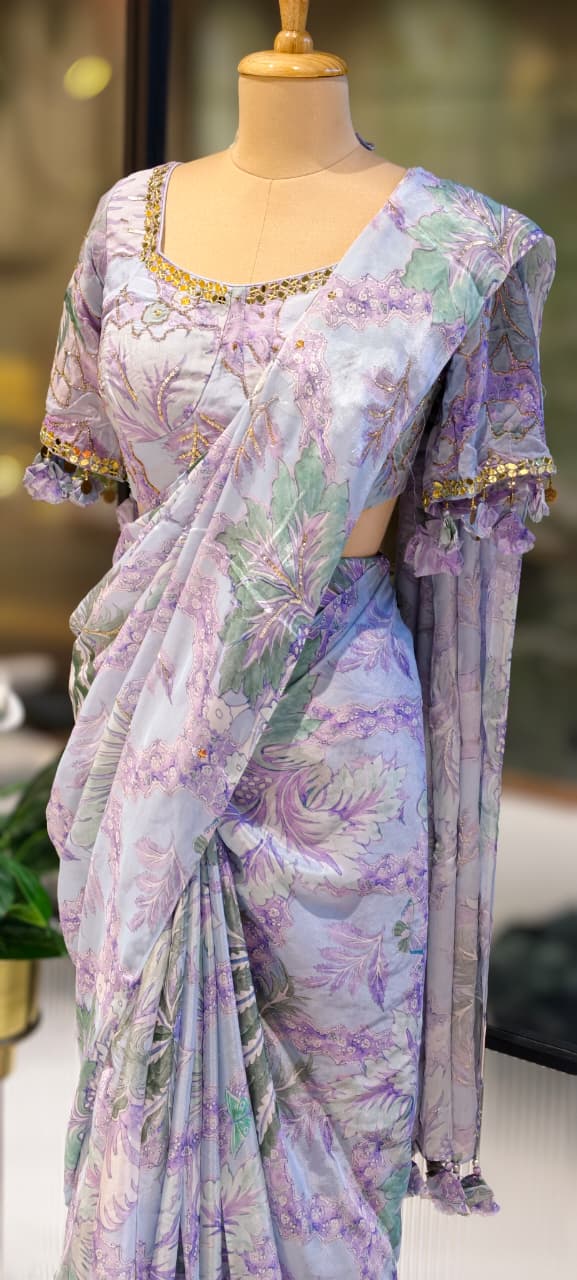 Pastel Floral Print With Delicate Embellishment Designer Saree With Stitched Blouse- 13340