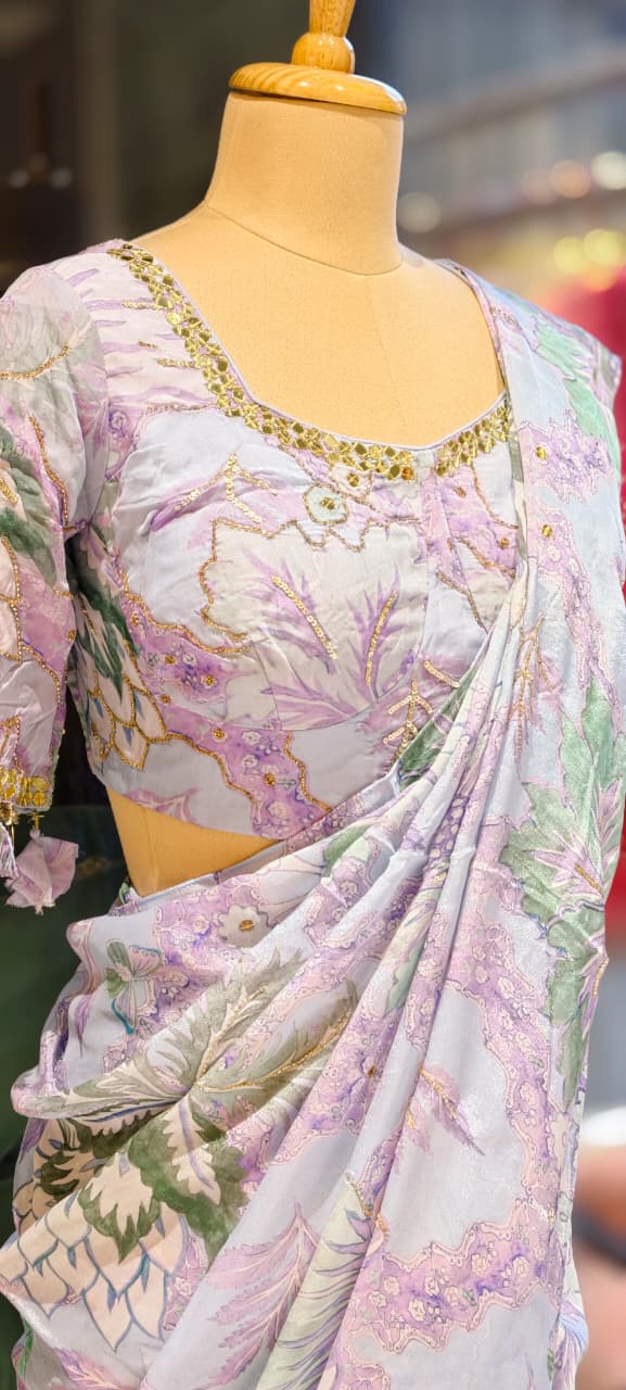 Pastel Floral Print With Delicate Embellishment Designer Saree With Stitched Blouse- 13340
