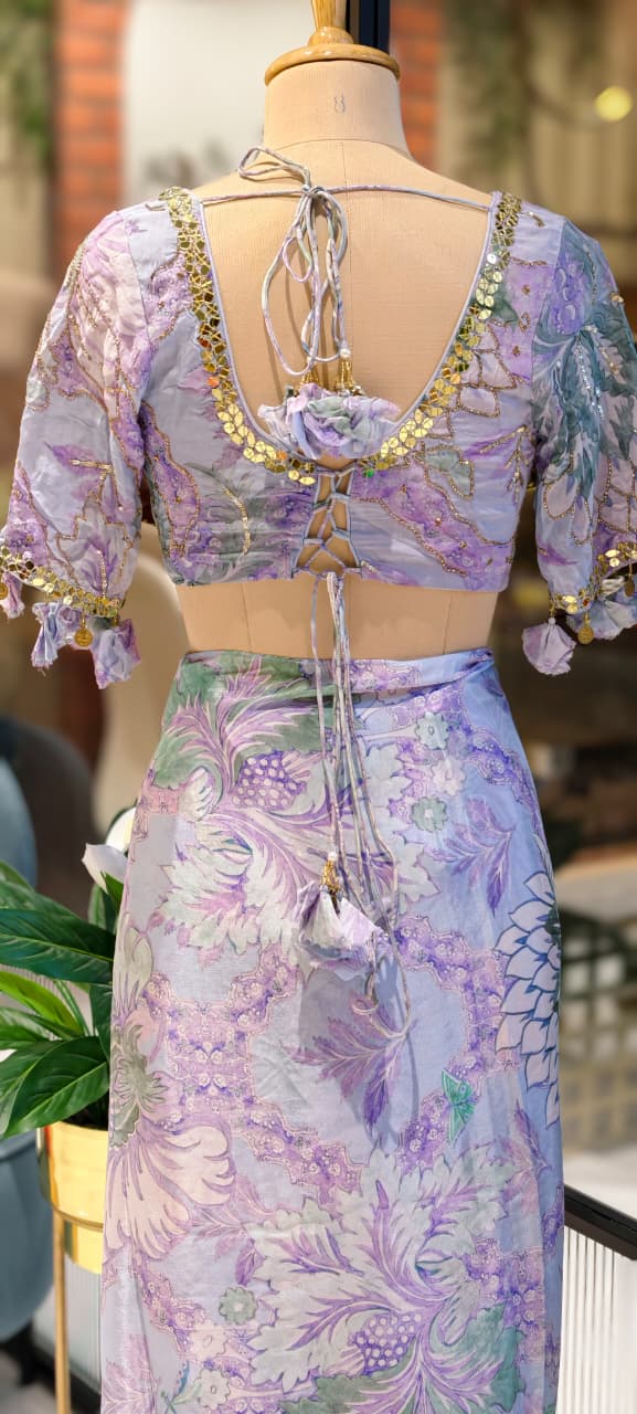 Pastel Floral Print With Delicate Embellishment Designer Saree With Stitched Blouse- 13340