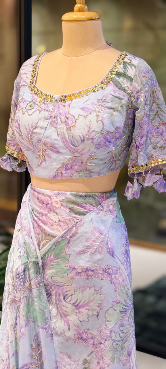 Pastel Floral Print With Delicate Embellishment Designer Saree With Stitched Blouse- 13340