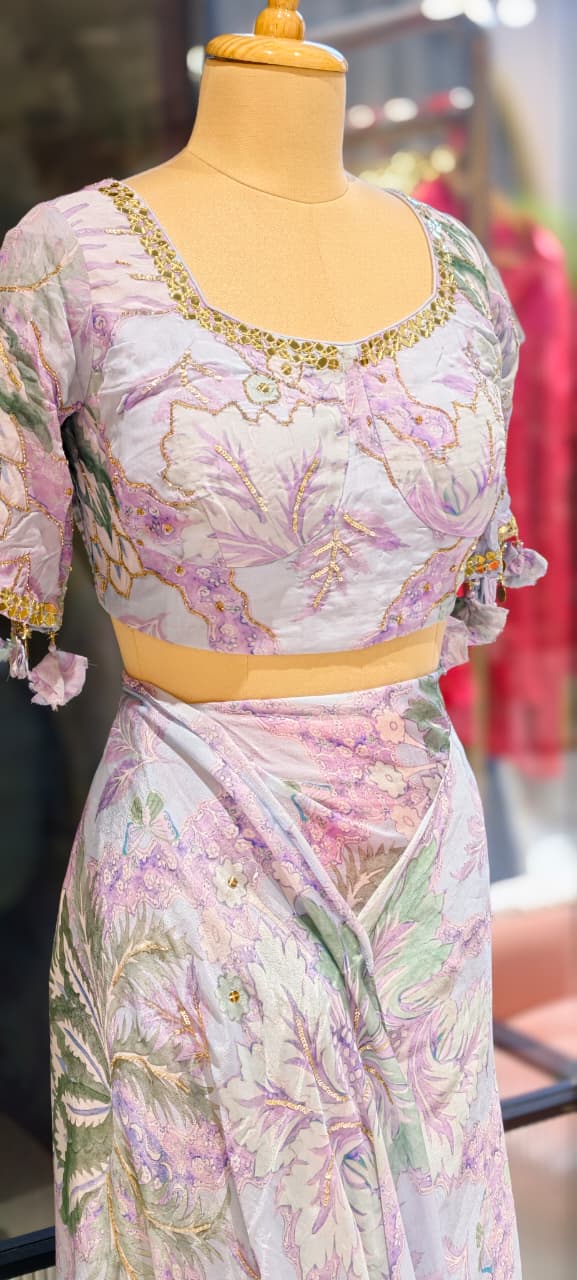 Pastel Floral Print With Delicate Embellishment Designer Saree With Stitched Blouse- 13340