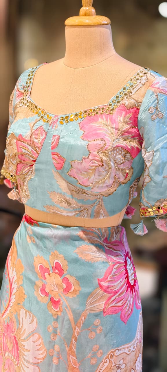 Cut-Dana Highlight Floral Print Sequin Upwork Designer Saree With Stitched Blouse- 13339