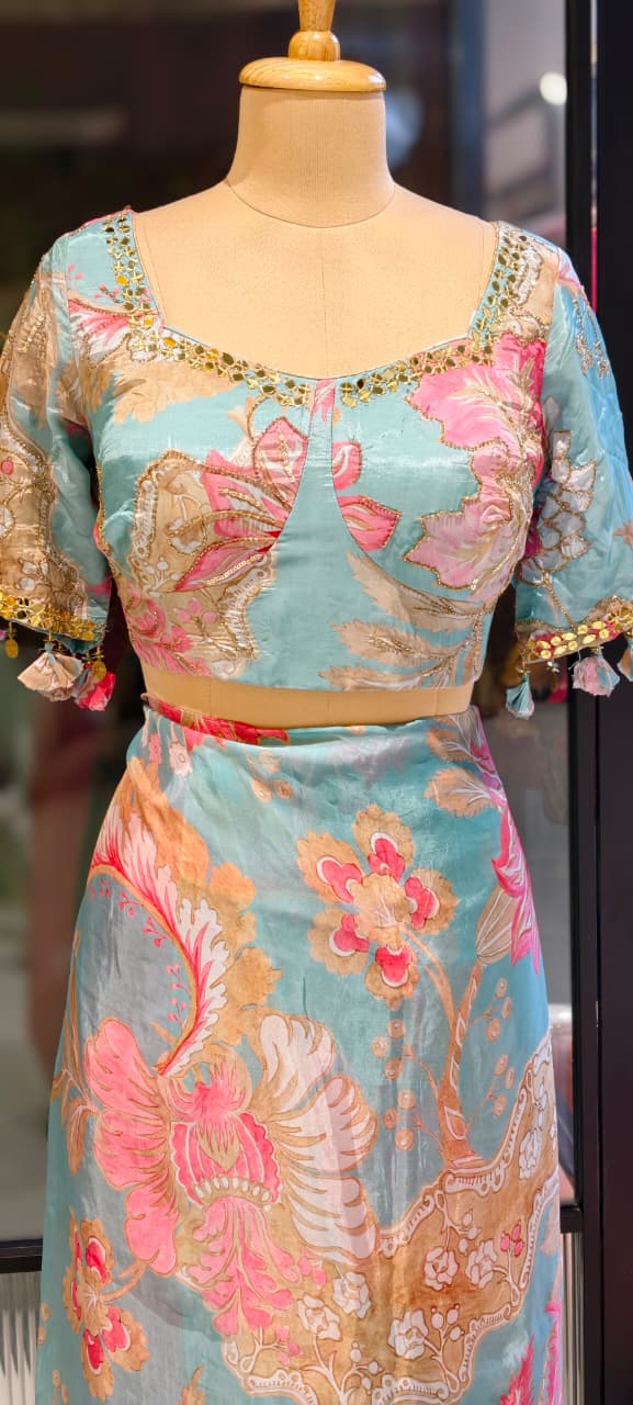 Cut-Dana Highlight Floral Print Sequin Upwork Designer Saree With Stitched Blouse- 13339