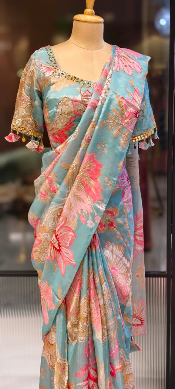 Cut-Dana Highlight Floral Print Sequin Upwork Designer Saree With Stitched Blouse- 13339