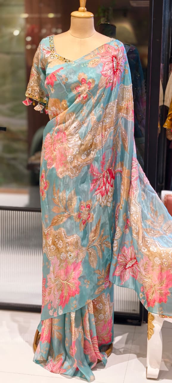 Cut-Dana Highlight Floral Print Sequin Upwork Designer Saree With Stitched Blouse- 13339