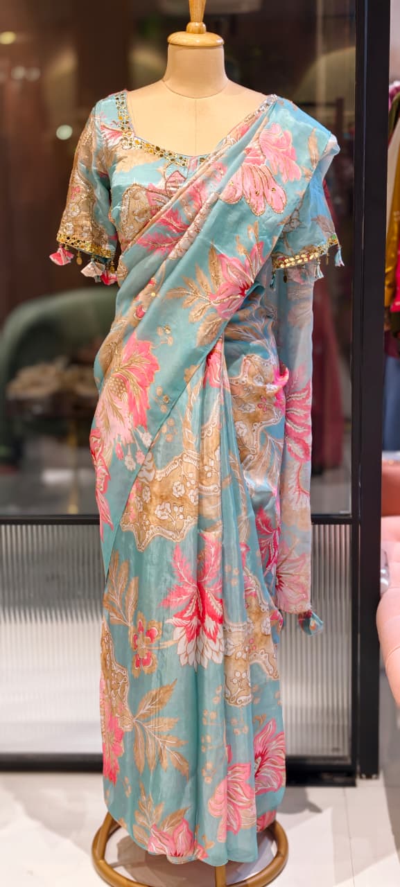 Cut-Dana Highlight Floral Print Sequin Upwork Designer Saree With Stitched Blouse- 13339