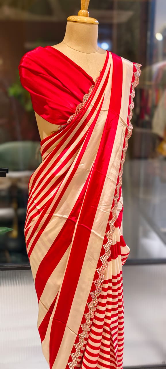 Ruby Stripe Elegance Scarlet Striped Designer Saree With Unstitched Blouse- 13344
