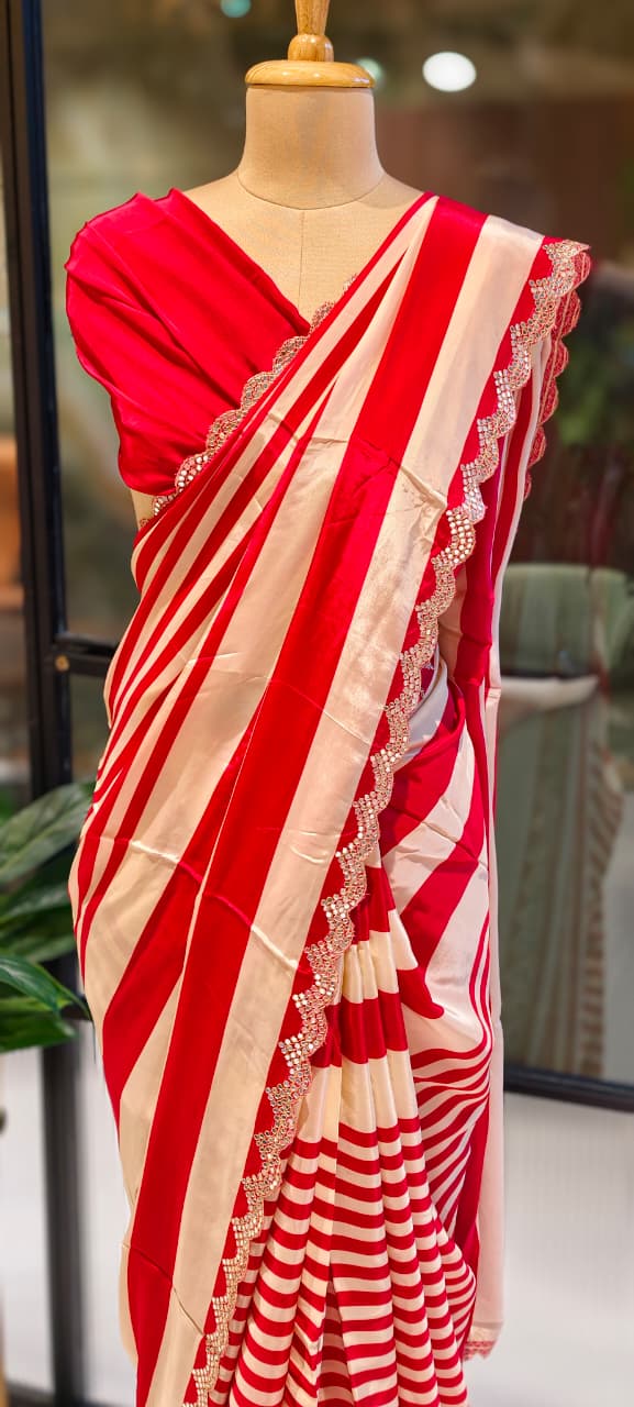 Ruby Stripe Elegance Scarlet Striped Designer Saree With Unstitched Blouse- 13344