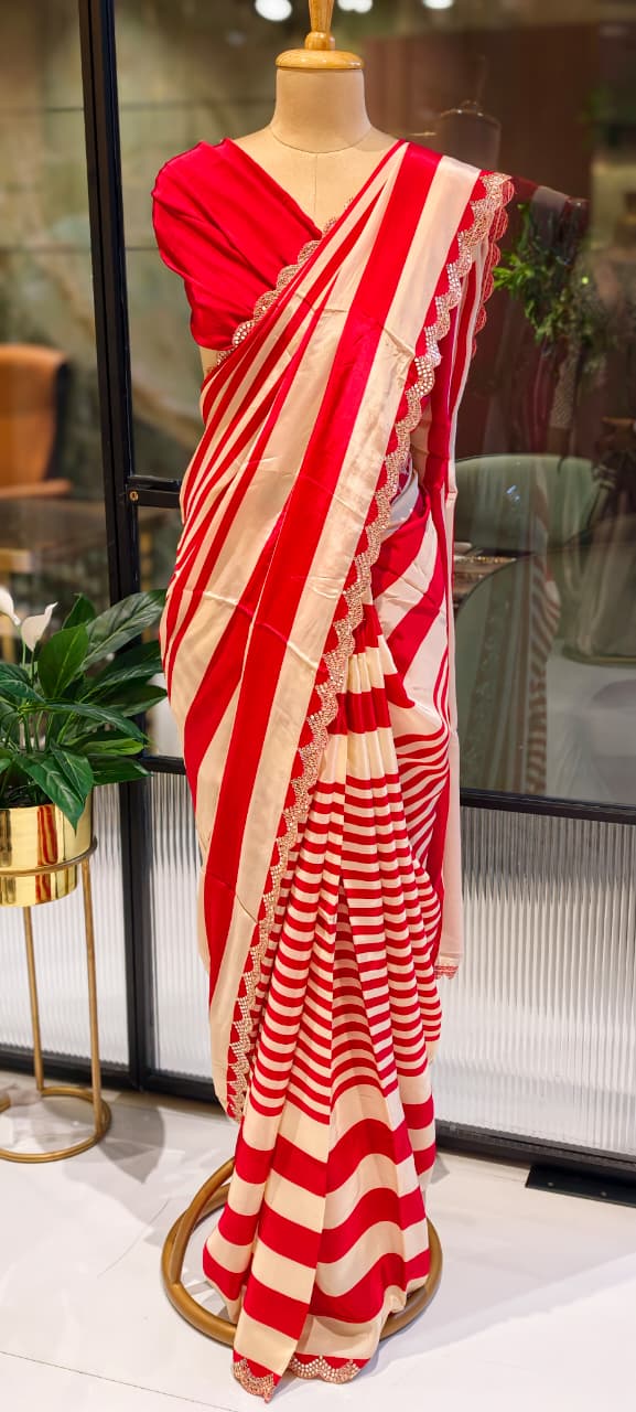 Ruby Stripe Elegance Scarlet Striped Designer Saree With Unstitched Blouse- 13344