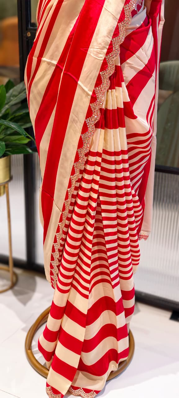 Ruby Stripe Elegance Scarlet Striped Designer Saree With Unstitched Blouse- 13344