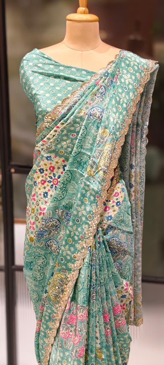 Dreamy Ethereal Aqua Multi Floral Printed Saree With Unstitched Blouse- 13343