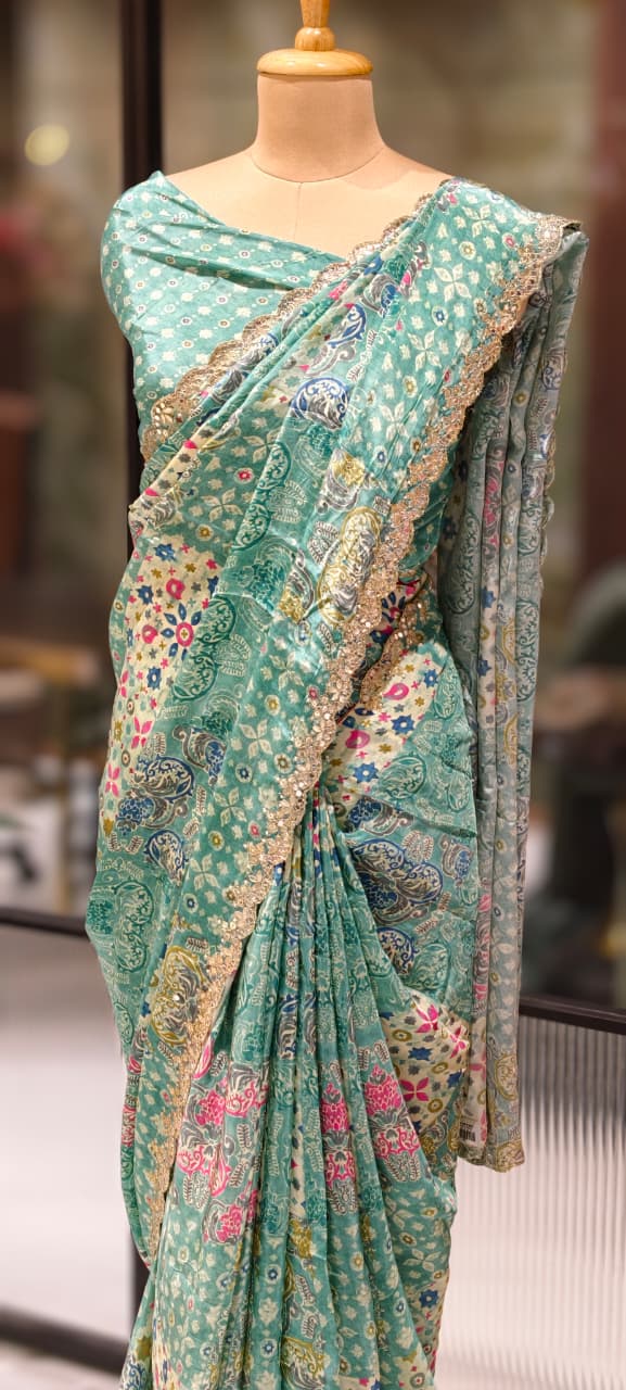 Dreamy Ethereal Aqua Multi Floral Printed Saree With Unstitched Blouse- 13343