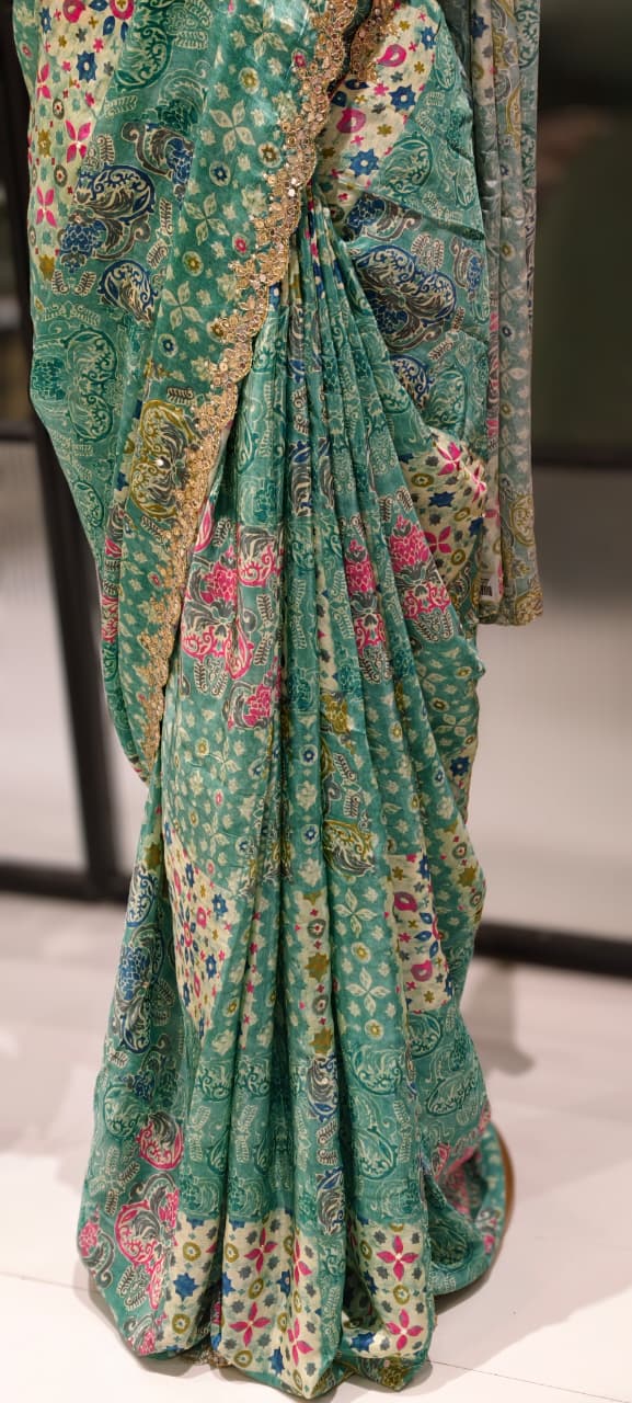 Dreamy Ethereal Aqua Multi Floral Printed Saree With Unstitched Blouse- 13343