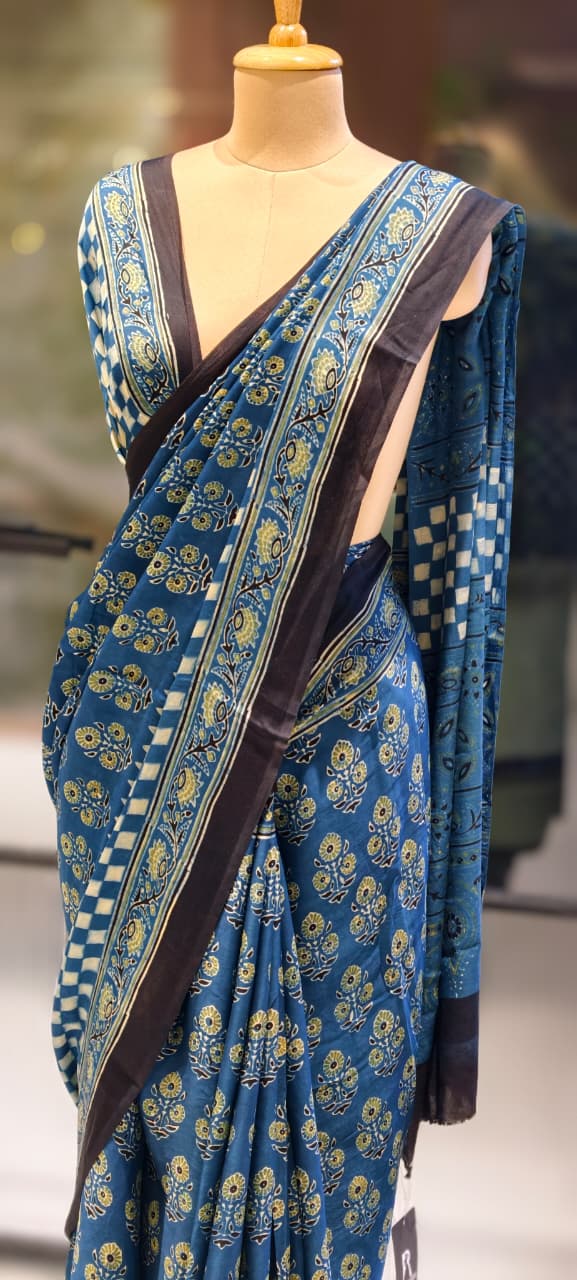 Handblock Traditional Printed Blue Elegance Saree With Unstitched Blouse- 13331