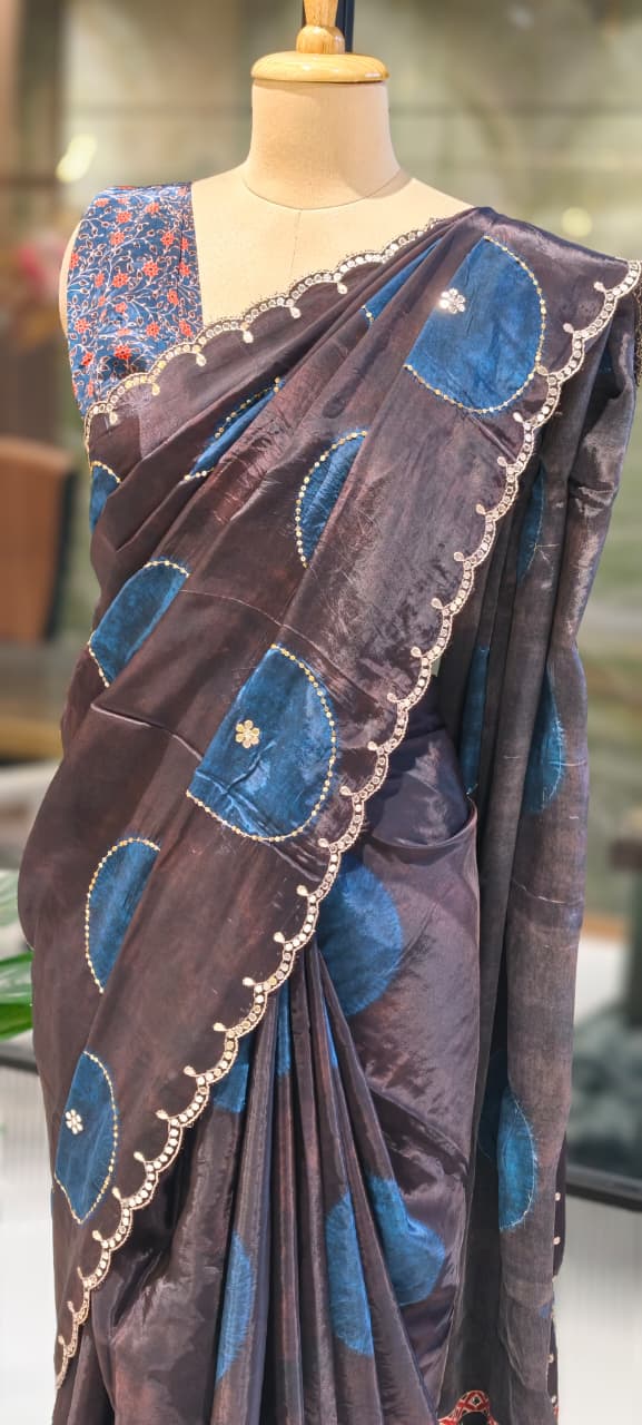 Round Sequin Highlighted Border Designer Saree With Unstitched Blouse- 13337