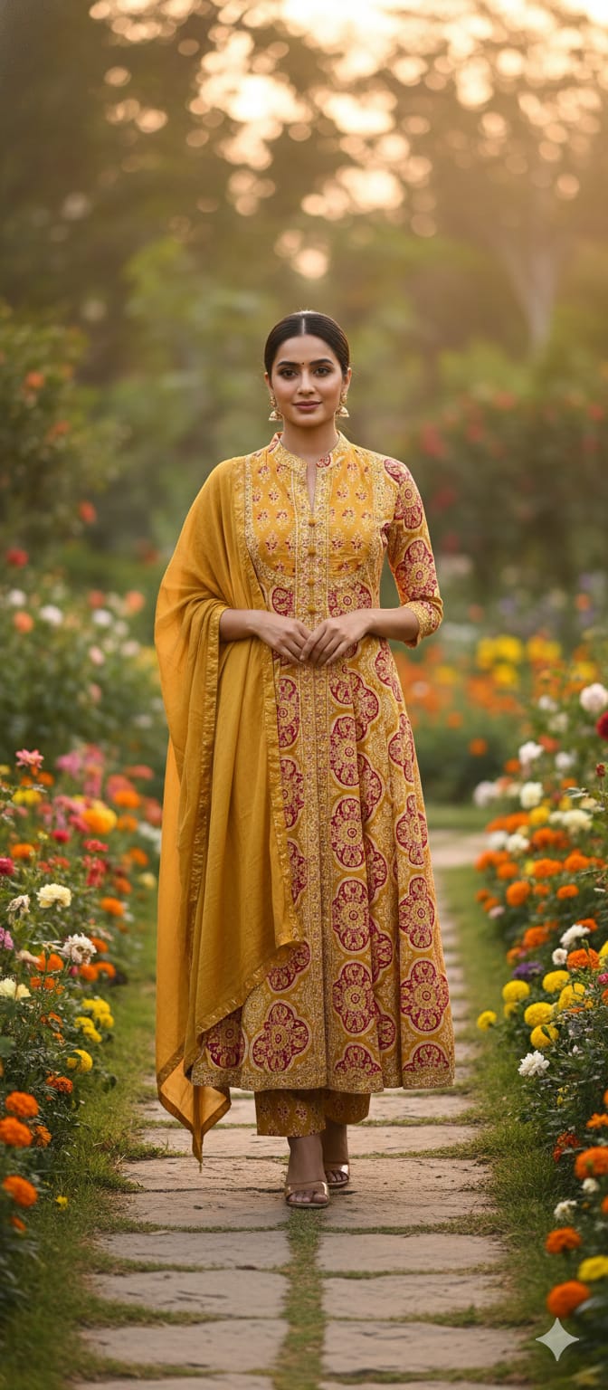 Traditional Printed Front Slitted Look Ethnic Anarkali Full Suit Set With Dupatta In Cotton Fabric-13315