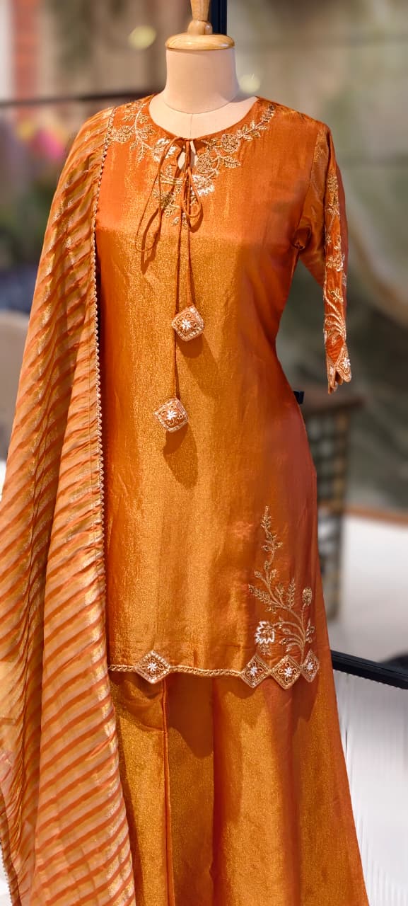 Noor Zari Embroidered Full Suit Set With Palazzo Bottom & Striped Dupatta In Tissue Fabric- 13301