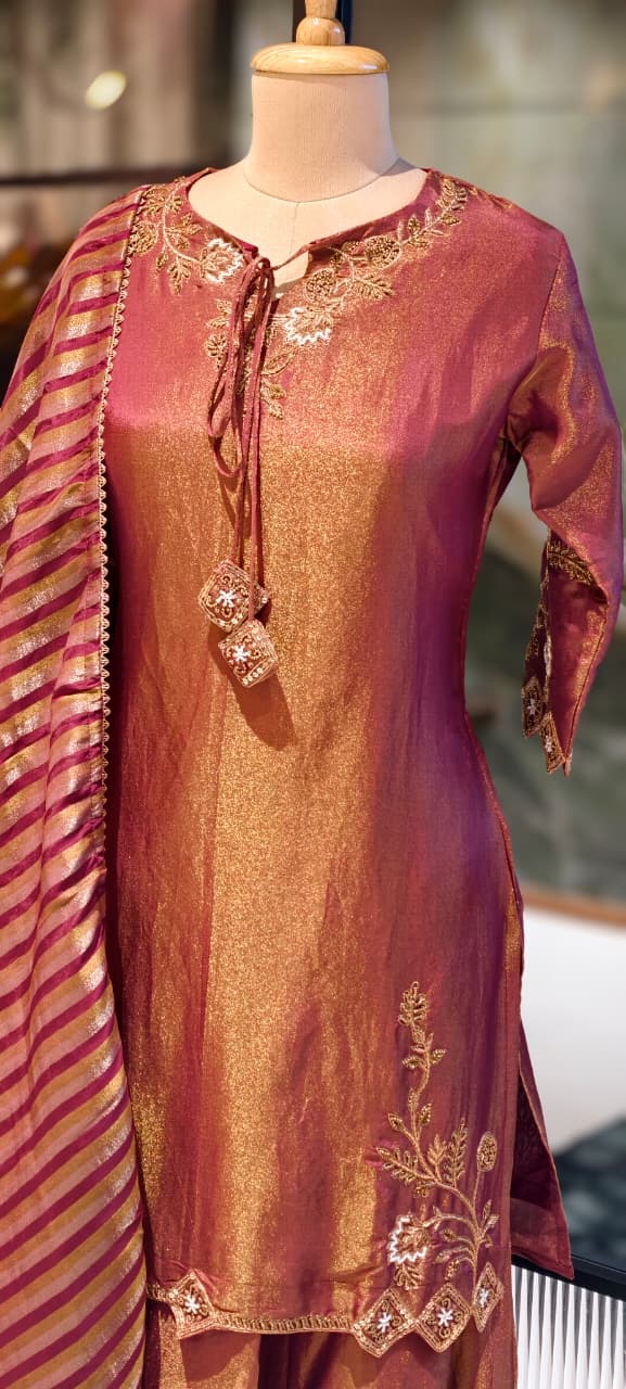 Noor Zari Embroidered Full Suit Set With Palazzo Bottom & Striped Dupatta In Tissue Fabric- 13301