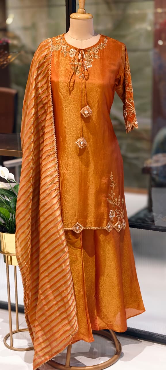 Noor Zari Embroidered Full Suit Set With Palazzo Bottom & Striped Dupatta In Tissue Fabric- 13301