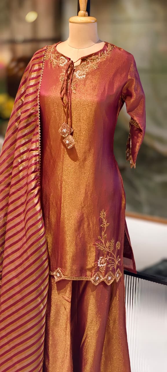 Noor Zari Embroidered Full Suit Set With Palazzo Bottom & Striped Dupatta In Tissue Fabric- 13301