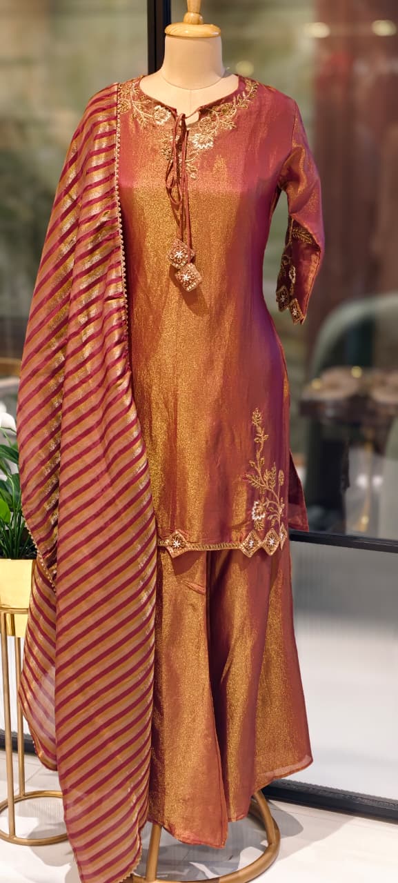 Noor Zari Embroidered Full Suit Set With Palazzo Bottom & Striped Dupatta In Tissue Fabric- 13301