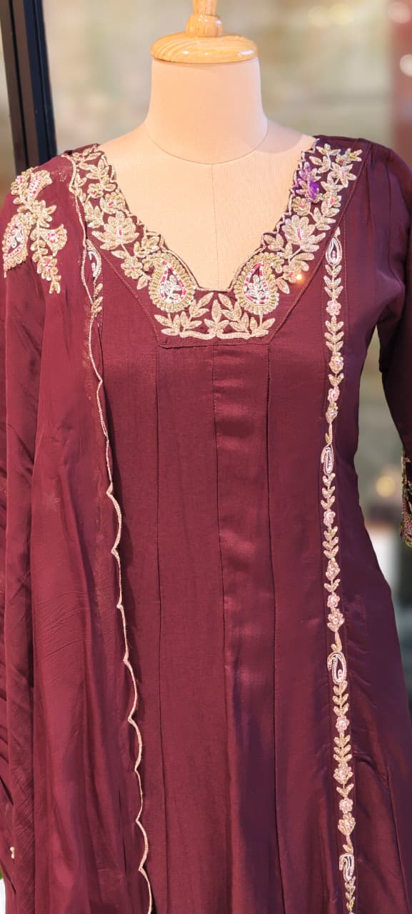 Regal Zardosi Vibrant A-Line Dola Silk Panel Anarkali Full Suit Set With Dupatta- 13308