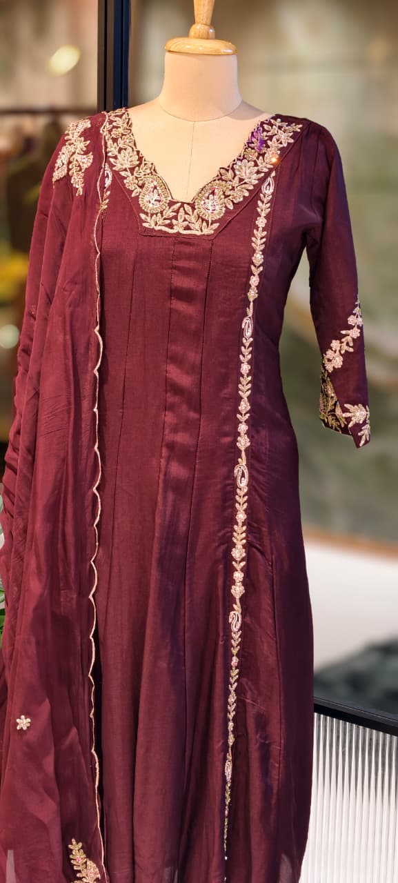 Regal Zardosi Vibrant A-Line Dola Silk Panel Anarkali Full Suit Set With Dupatta- 13308