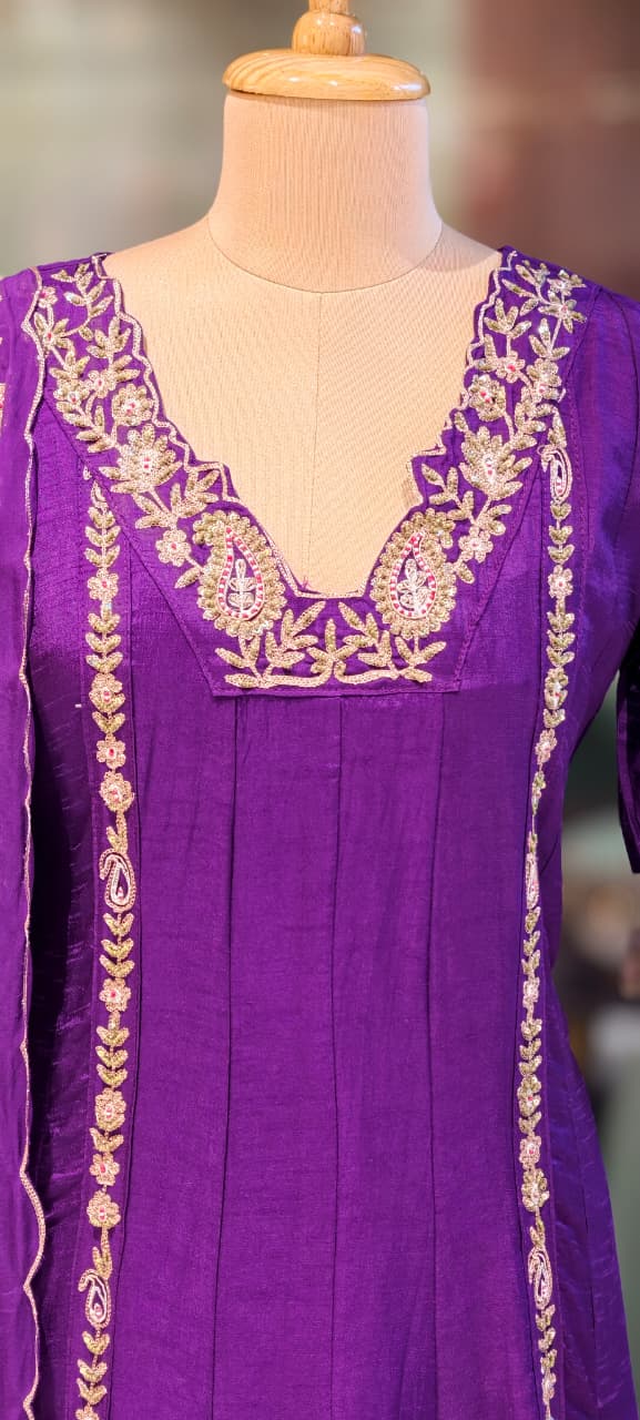 Regal Zardosi Vibrant A-Line Dola Silk Panel Anarkali Full Suit Set With Dupatta- 13308
