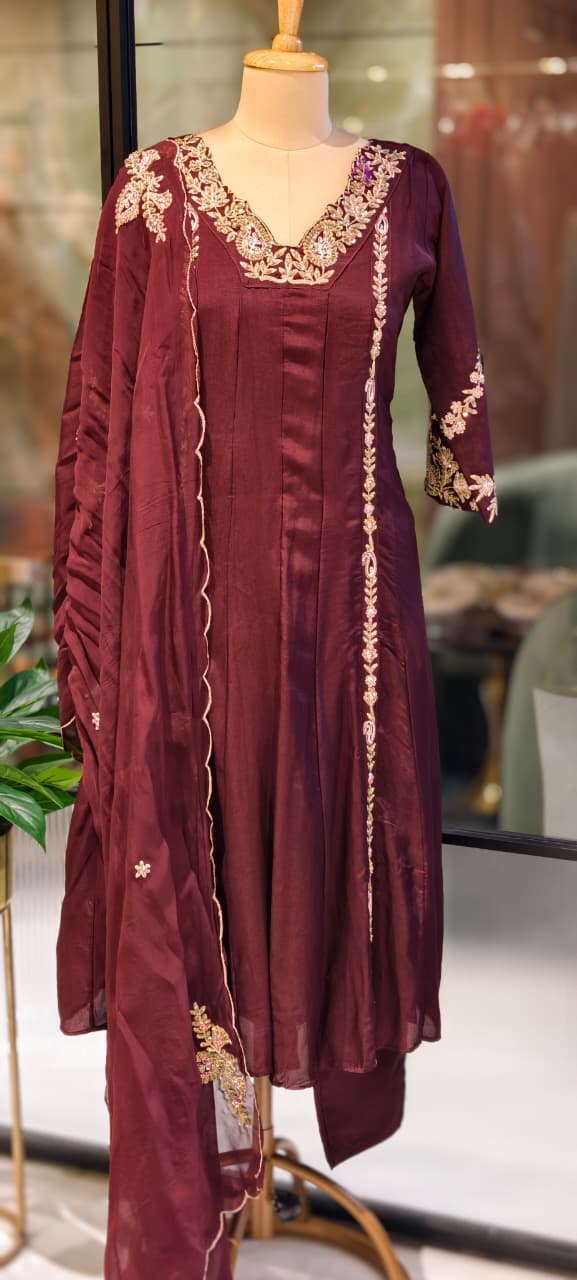 Regal Zardosi Vibrant A-Line Dola Silk Panel Anarkali Full Suit Set With Dupatta- 13308