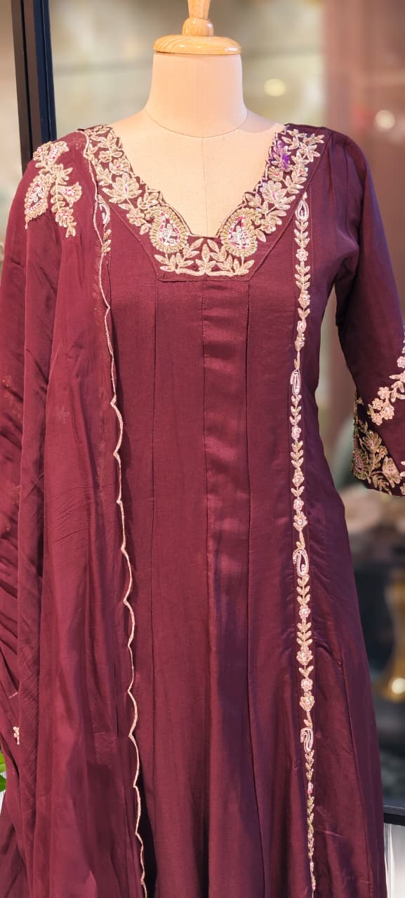 Regal Zardosi Vibrant A-Line Dola Silk Panel Anarkali Full Suit Set With Dupatta- 13308