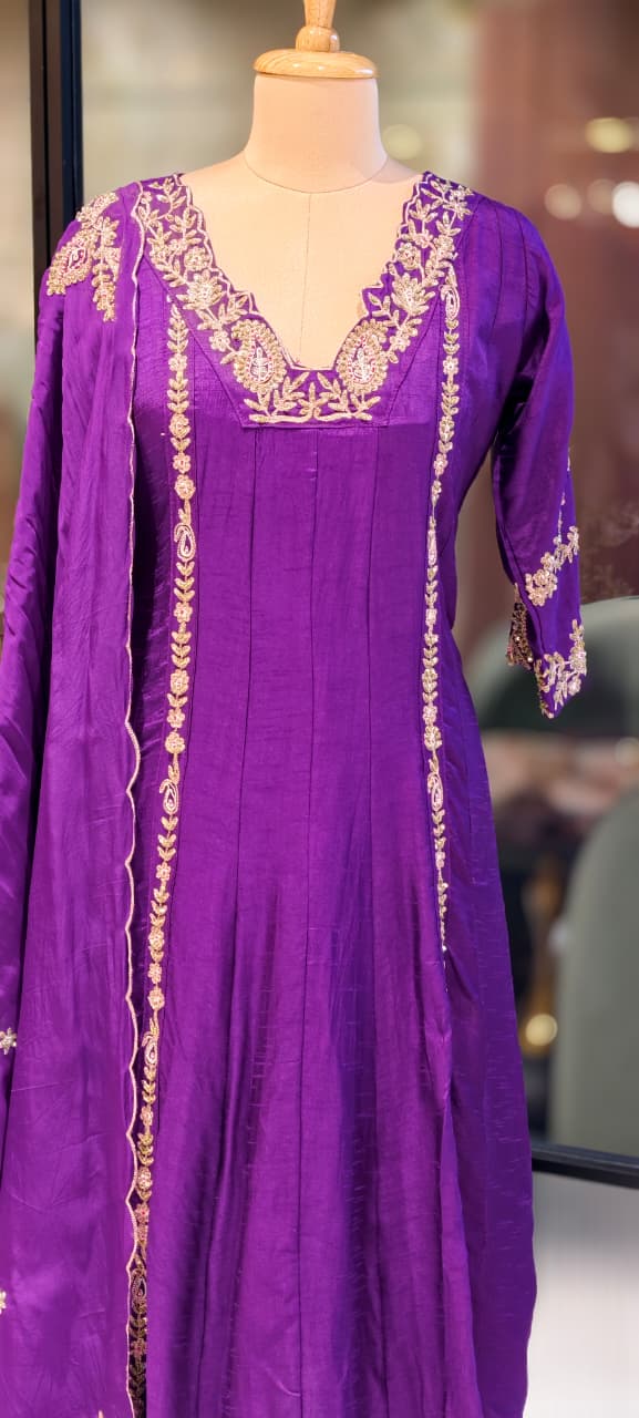Regal Zardosi Vibrant A-Line Dola Silk Panel Anarkali Full Suit Set With Dupatta- 13308