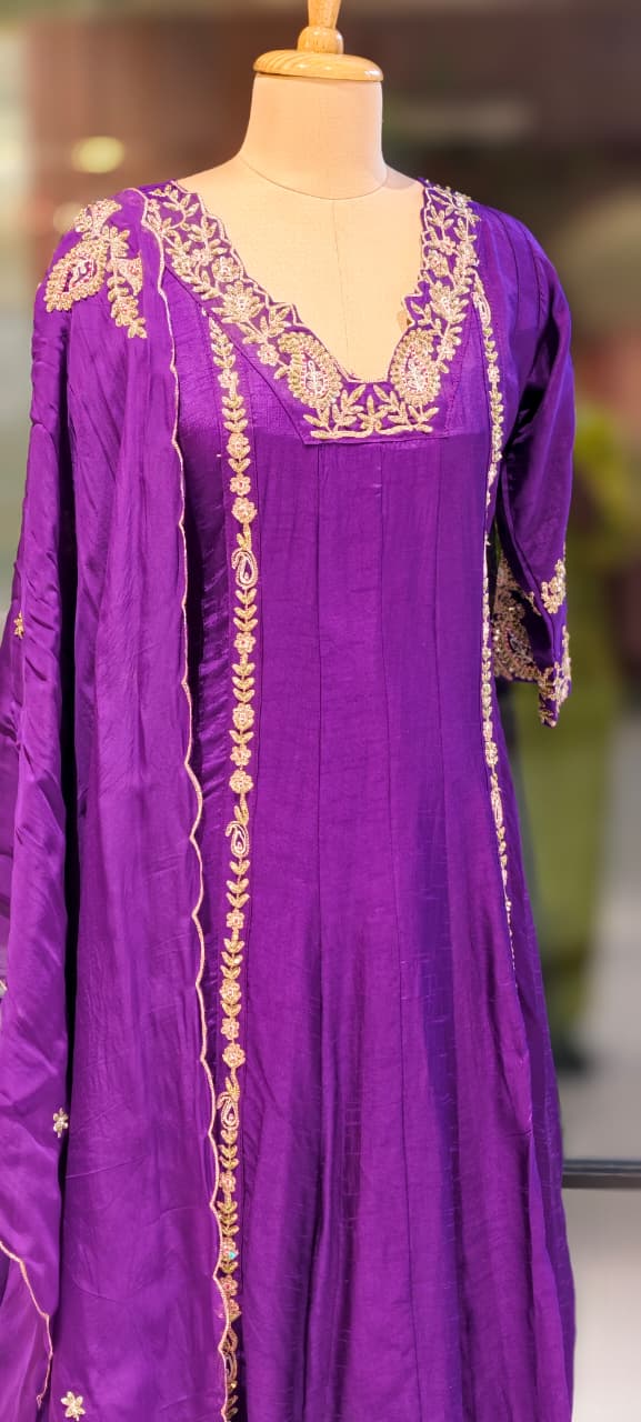 Regal Zardosi Vibrant A-Line Dola Silk Panel Anarkali Full Suit Set With Dupatta- 13308