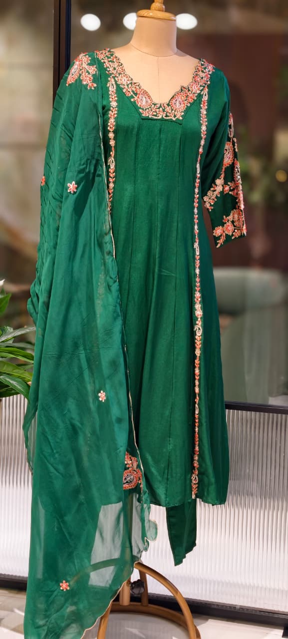 Regal Zardosi Vibrant A-Line Dola Silk Panel Anarkali Full Suit Set With Dupatta- 13308