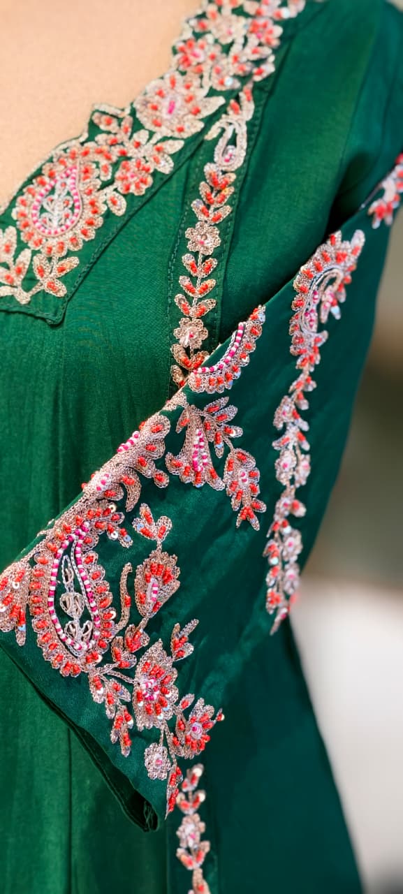 Regal Zardosi Vibrant A-Line Dola Silk Panel Anarkali Full Suit Set With Dupatta- 13308