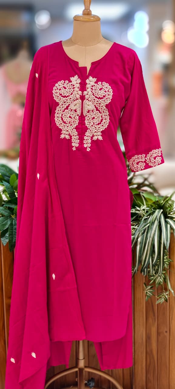 Minimal Work Yoke Solid Full Suit Set With Dupatta In Cotton Fabric- 13317