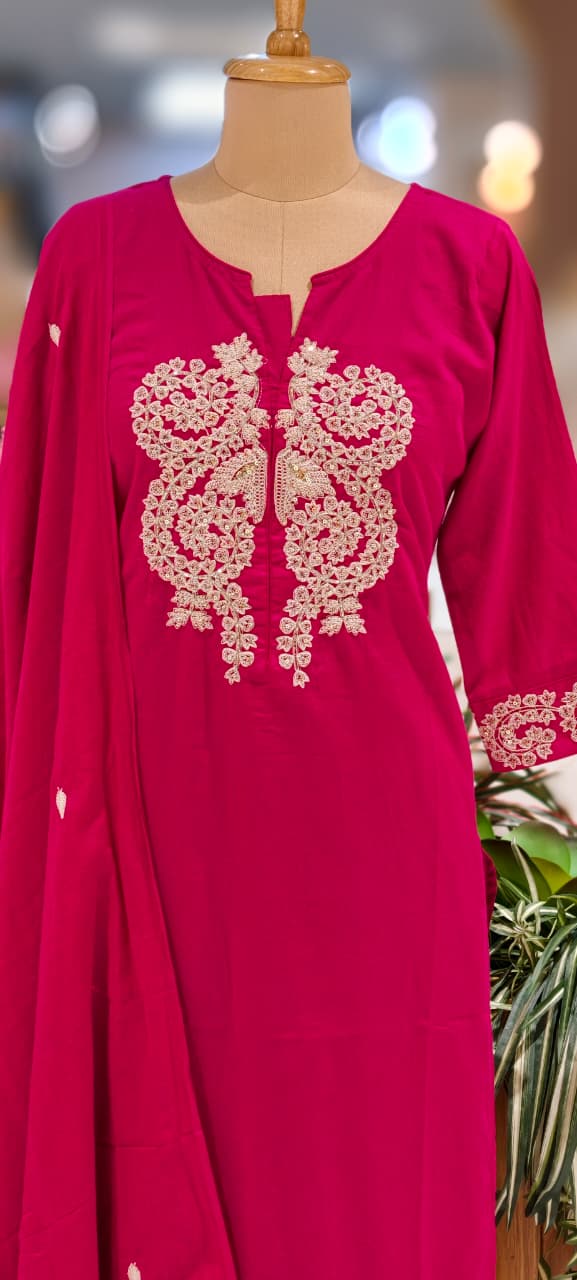 Minimal Work Yoke Solid Full Suit Set With Dupatta In Cotton Fabric- 13317