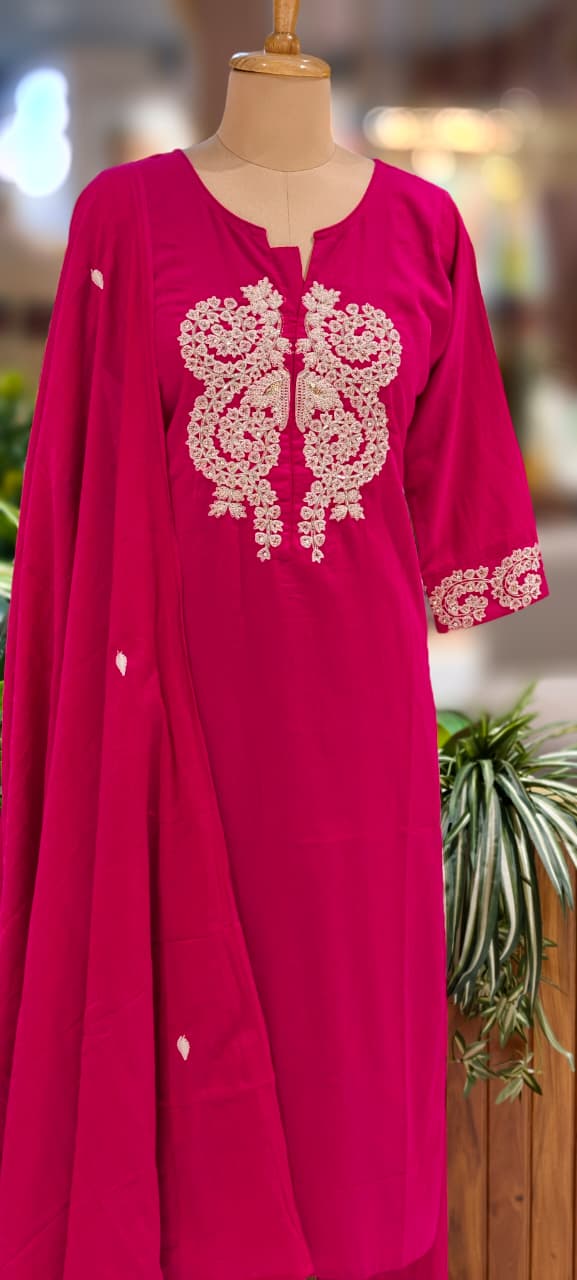 Minimal Work Yoke Solid Full Suit Set With Dupatta In Cotton Fabric- 13317