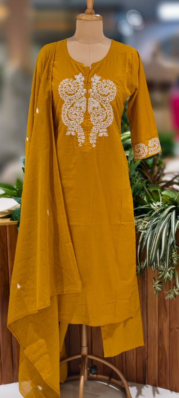 Minimal Work Yoke Solid Full Suit Set With Dupatta In Cotton Fabric- 13317