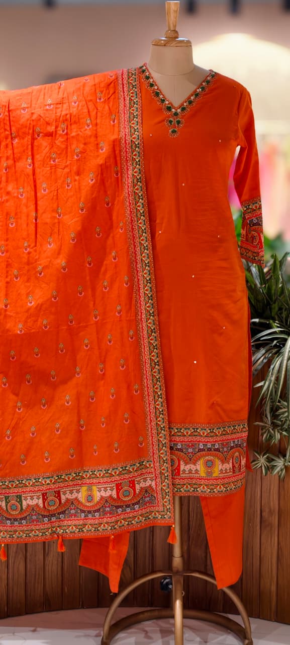 Unique Rajasthani Look Bordered Cotton Full Suit Set With Plain Bottom & Dupatta- 13357