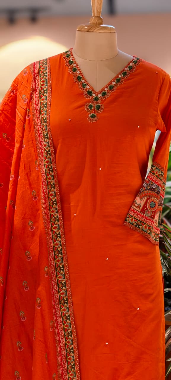 Unique Rajasthani Look Bordered Cotton Full Suit Set With Plain Bottom & Dupatta- 13357