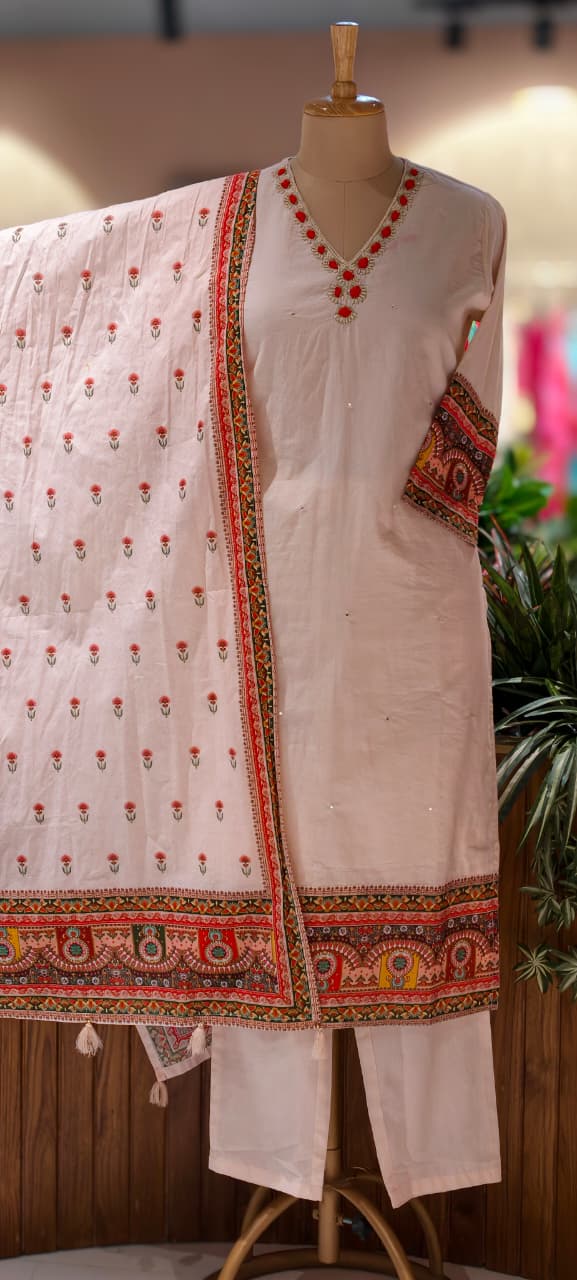 Unique Rajasthani Look Bordered Cotton Full Suit Set With Plain Bottom & Dupatta- 13357