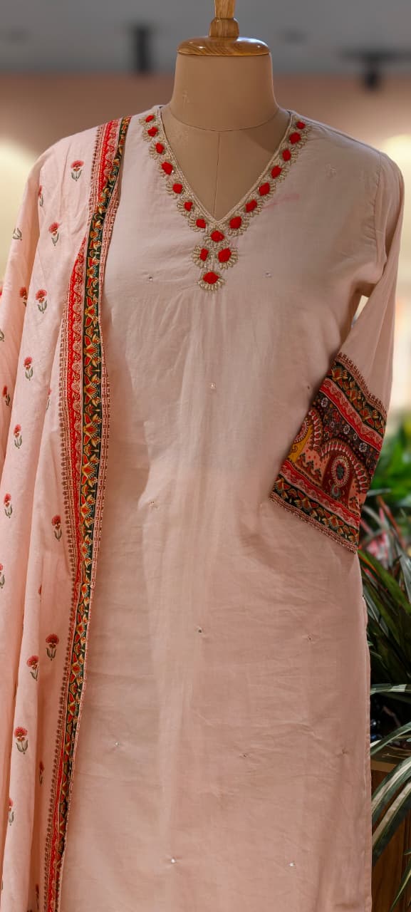 Unique Rajasthani Look Bordered Cotton Full Suit Set With Plain Bottom & Dupatta- 13357