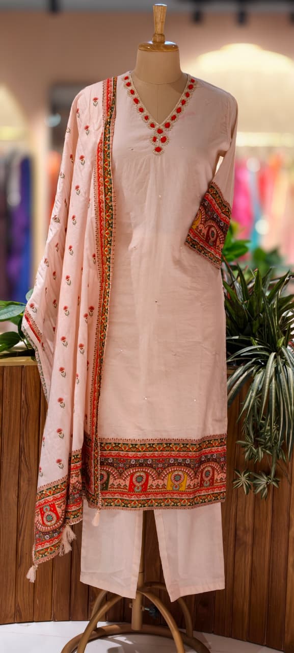 Unique Rajasthani Look Bordered Cotton Full Suit Set With Plain Bottom & Dupatta- 13357