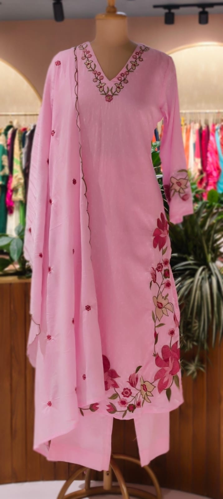 Soft Tone Cute Floral Embroidery A-Line Full Suit Set With Dupatta In Mul Cotton Fabric- 13330