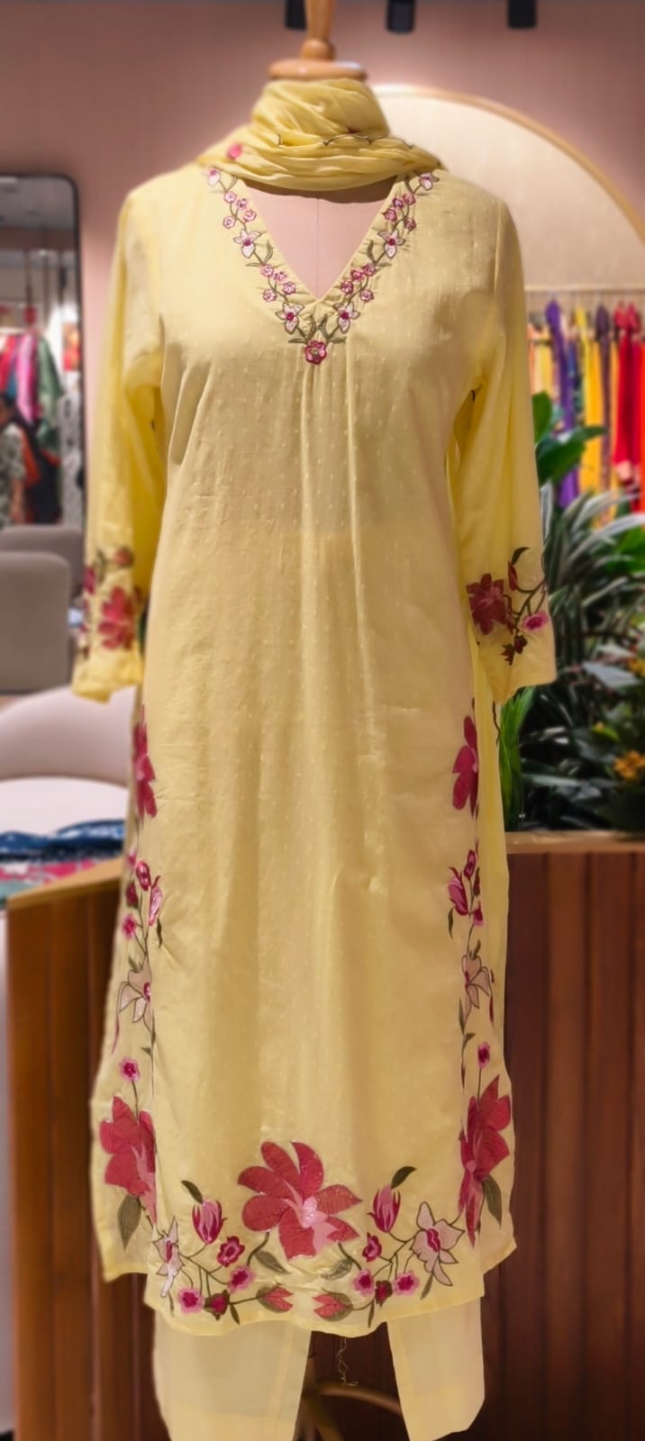 Soft Tone Cute Floral Embroidery A-Line Full Suit Set With Dupatta In Mul Cotton Fabric- 13330